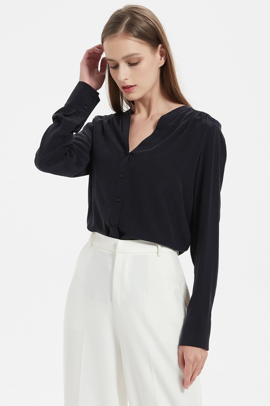 Women Grace Willow the Label | Echo V-Neck Silk Shirt Mid Night