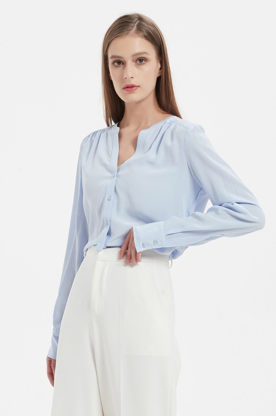 Women Grace Willow the Label | Echo V-Neck Silk Shirt Light Sky