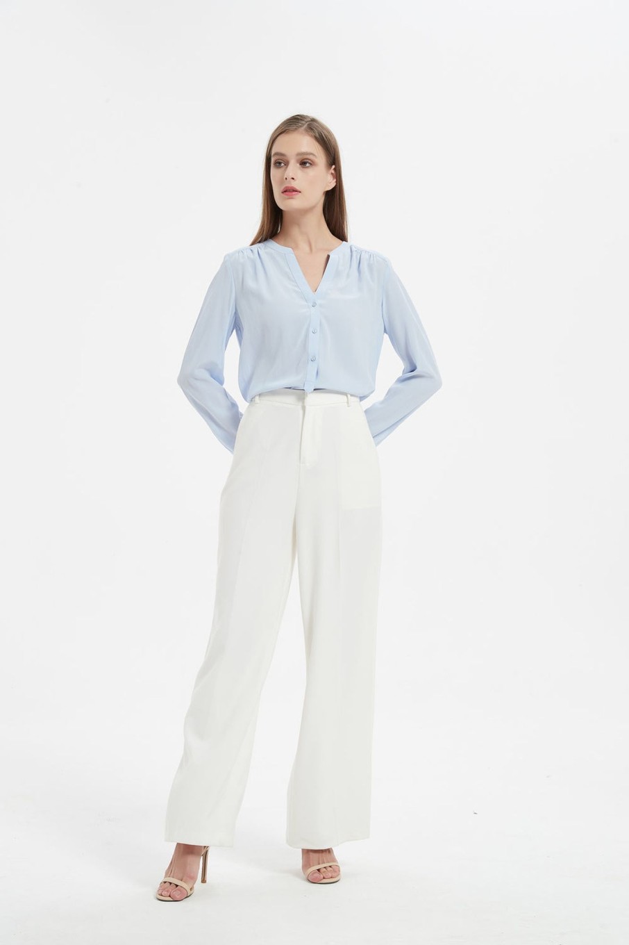 Women Grace Willow the Label | Echo V-Neck Silk Shirt Light Sky