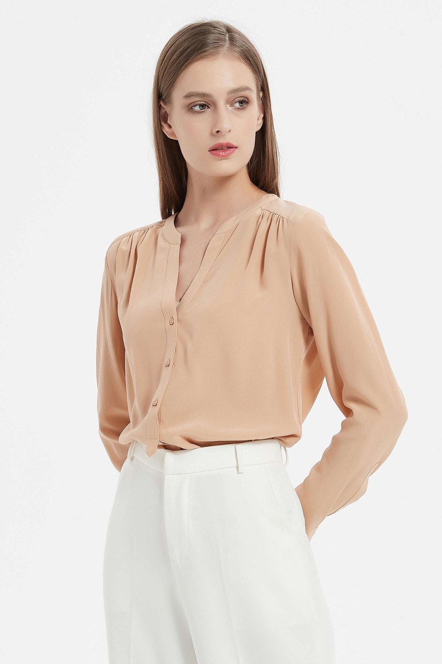 Women Grace Willow the Label | Echo V-Neck Silk Shirt Beige