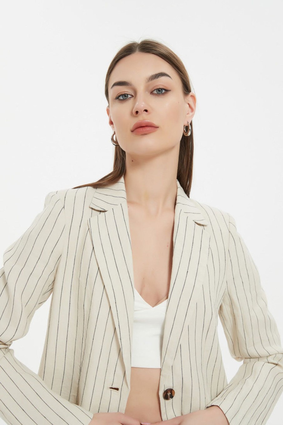 Women Grace Willow the Label | Palmer Linen Blazer Beige Pinstripe