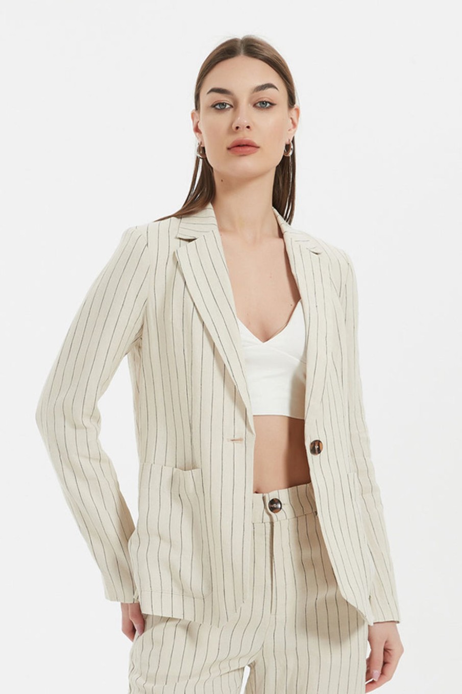 Women Grace Willow the Label | Palmer Linen Blazer Beige Pinstripe