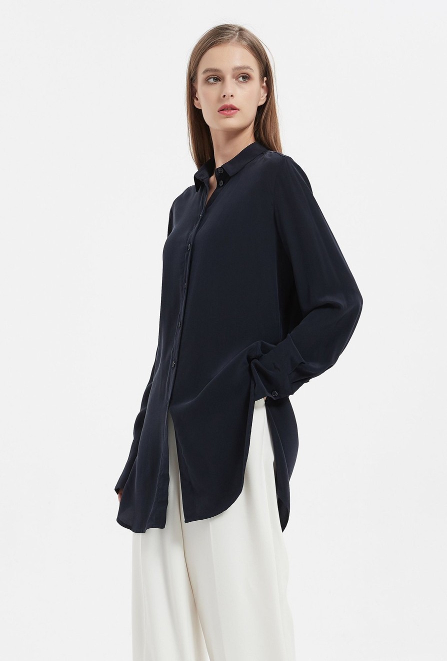 Women Grace Willow the Label | Eva Boyfriend Silk Shirt Dark Navy