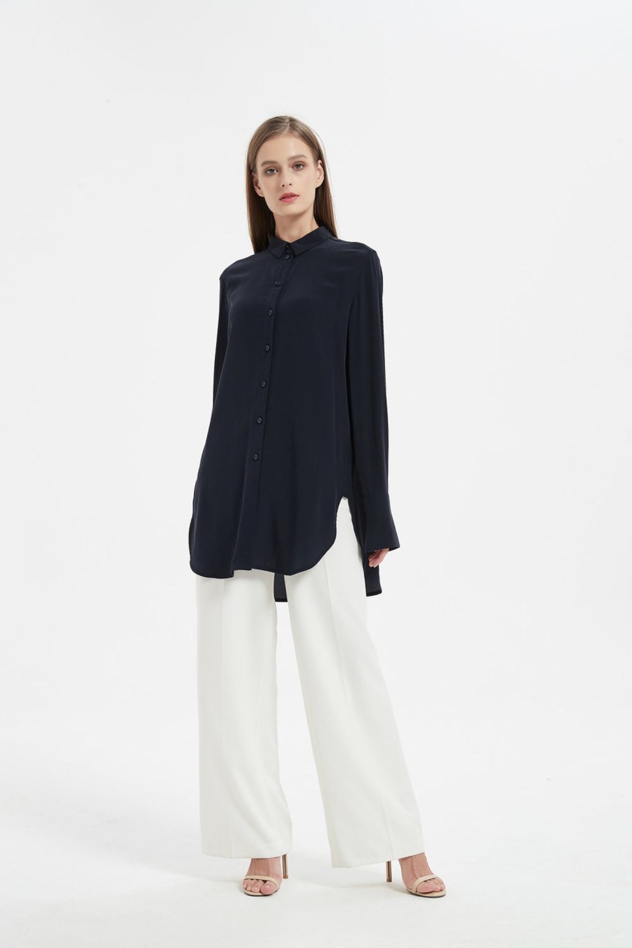 Women Grace Willow the Label | Eva Boyfriend Silk Shirt Dark Navy