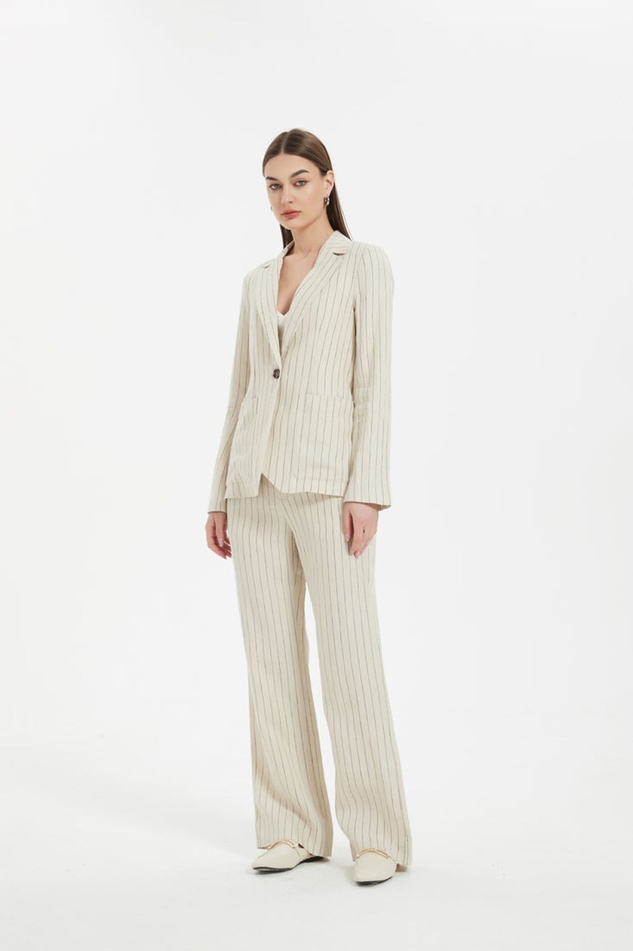 Women Grace Willow the Label | Tara Linen Pants Beige Pinstripe