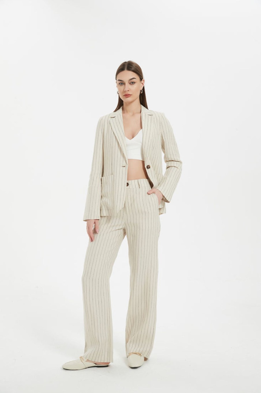 Women Grace Willow the Label | Tara Linen Pants Beige Pinstripe