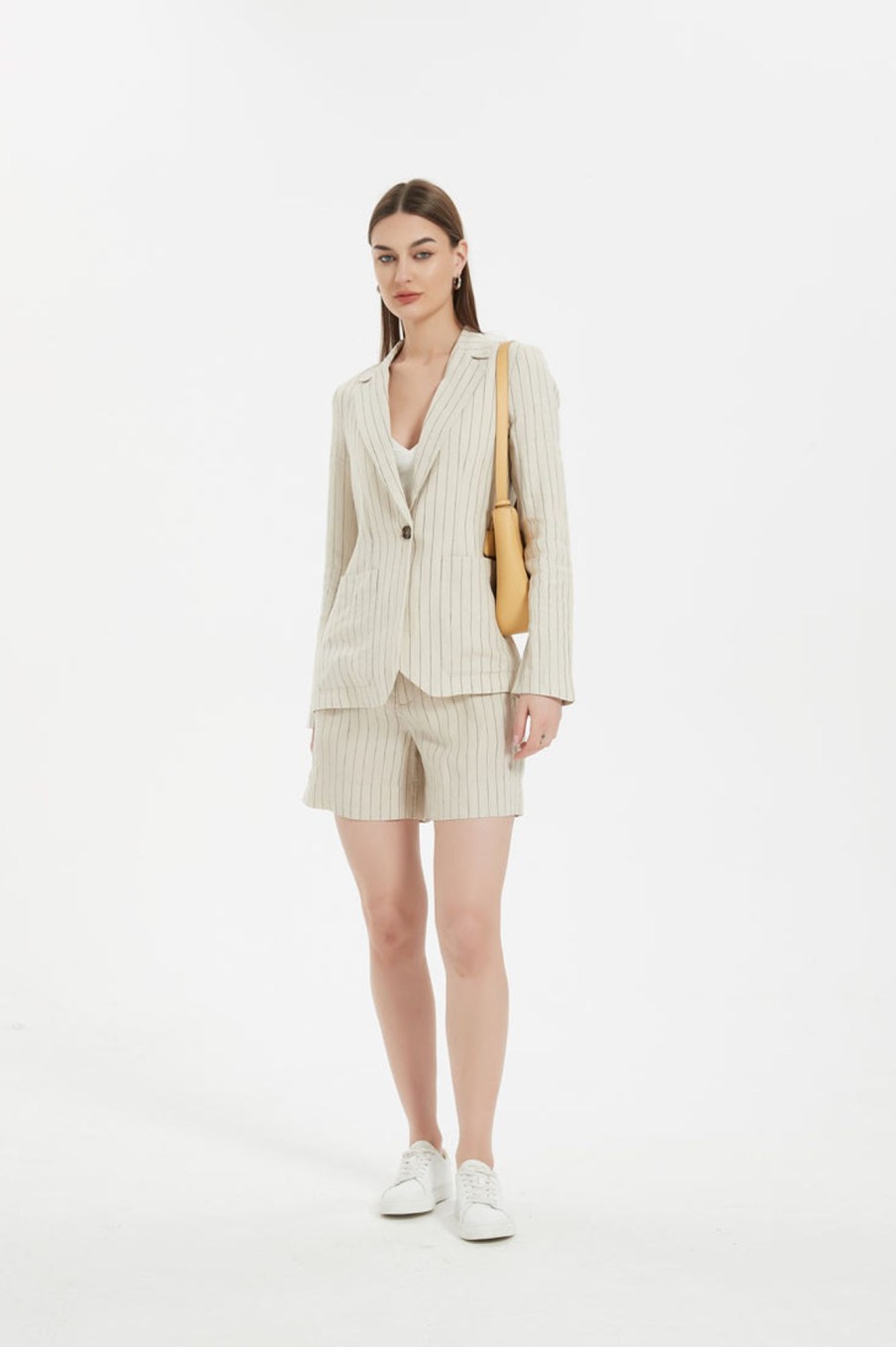 Women Grace Willow the Label | Holly Linen Shorts Beige Pinstripe