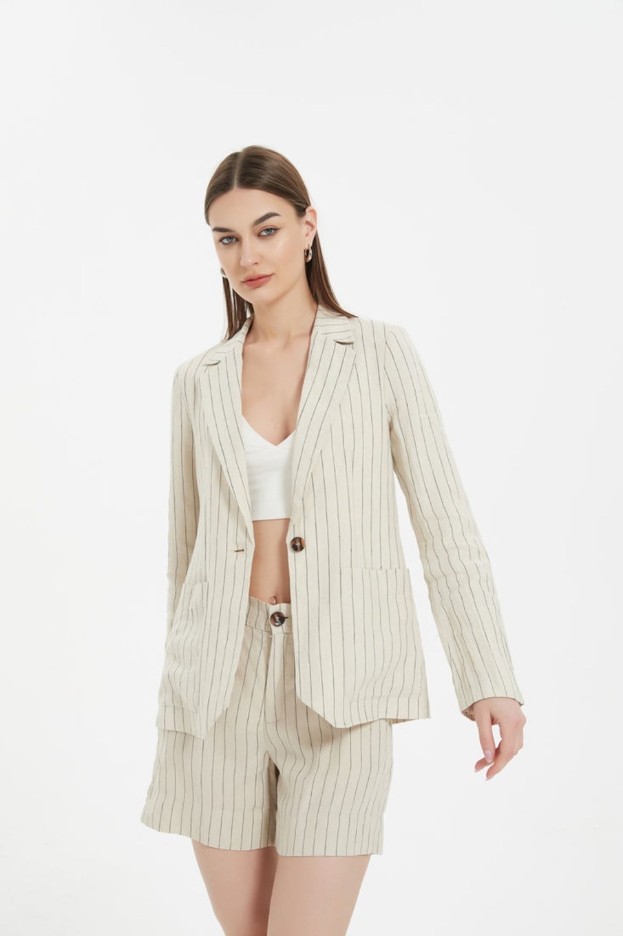 Women Grace Willow the Label | Holly Linen Shorts Beige Pinstripe